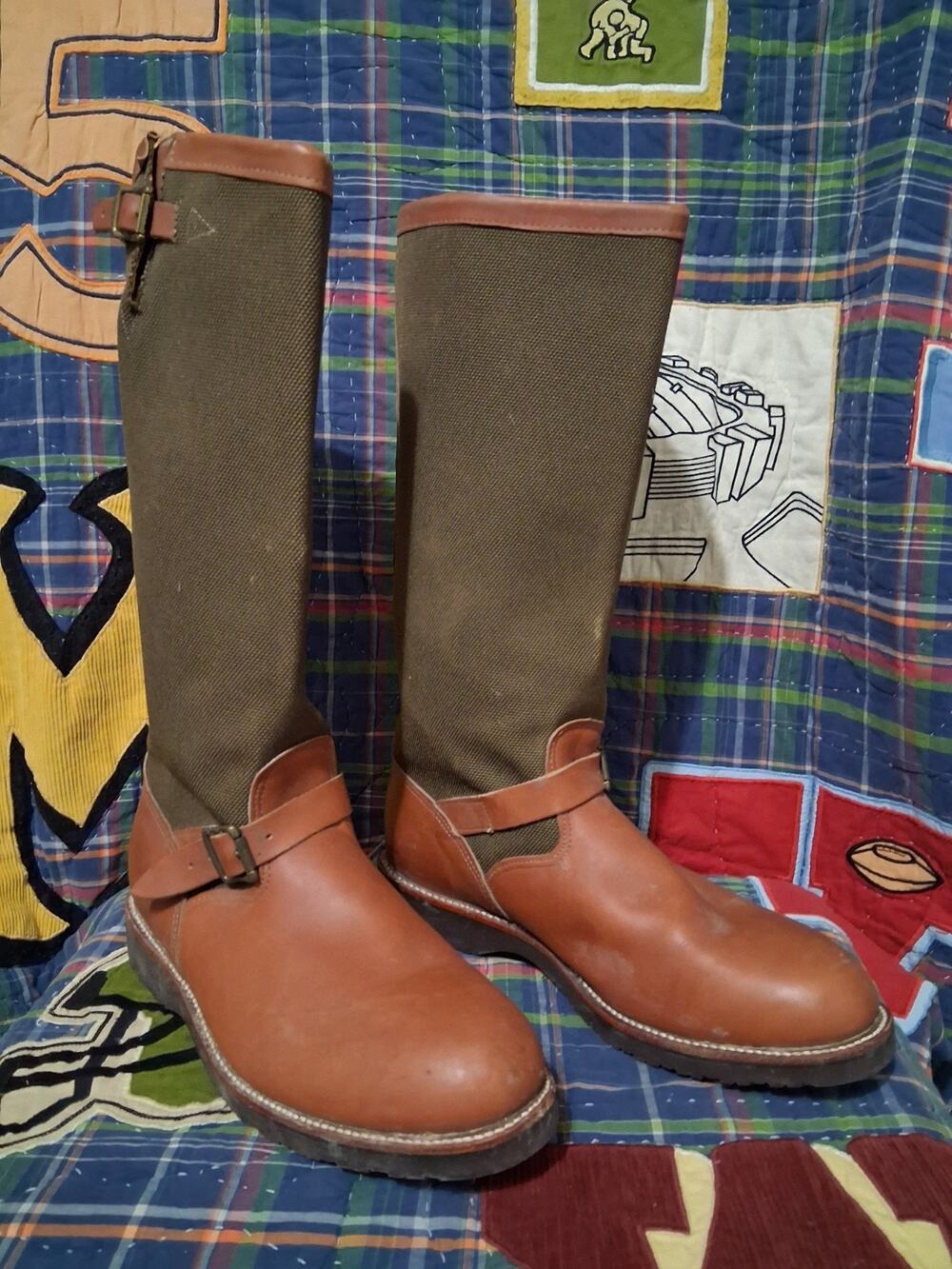 Vintage Chippewa USA 17" Brown Leather & Green Vipercloth Snake Boots Size 14